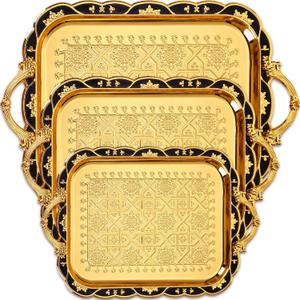 3 Pack Metal Serving Trays, Vintage, Black, Gold