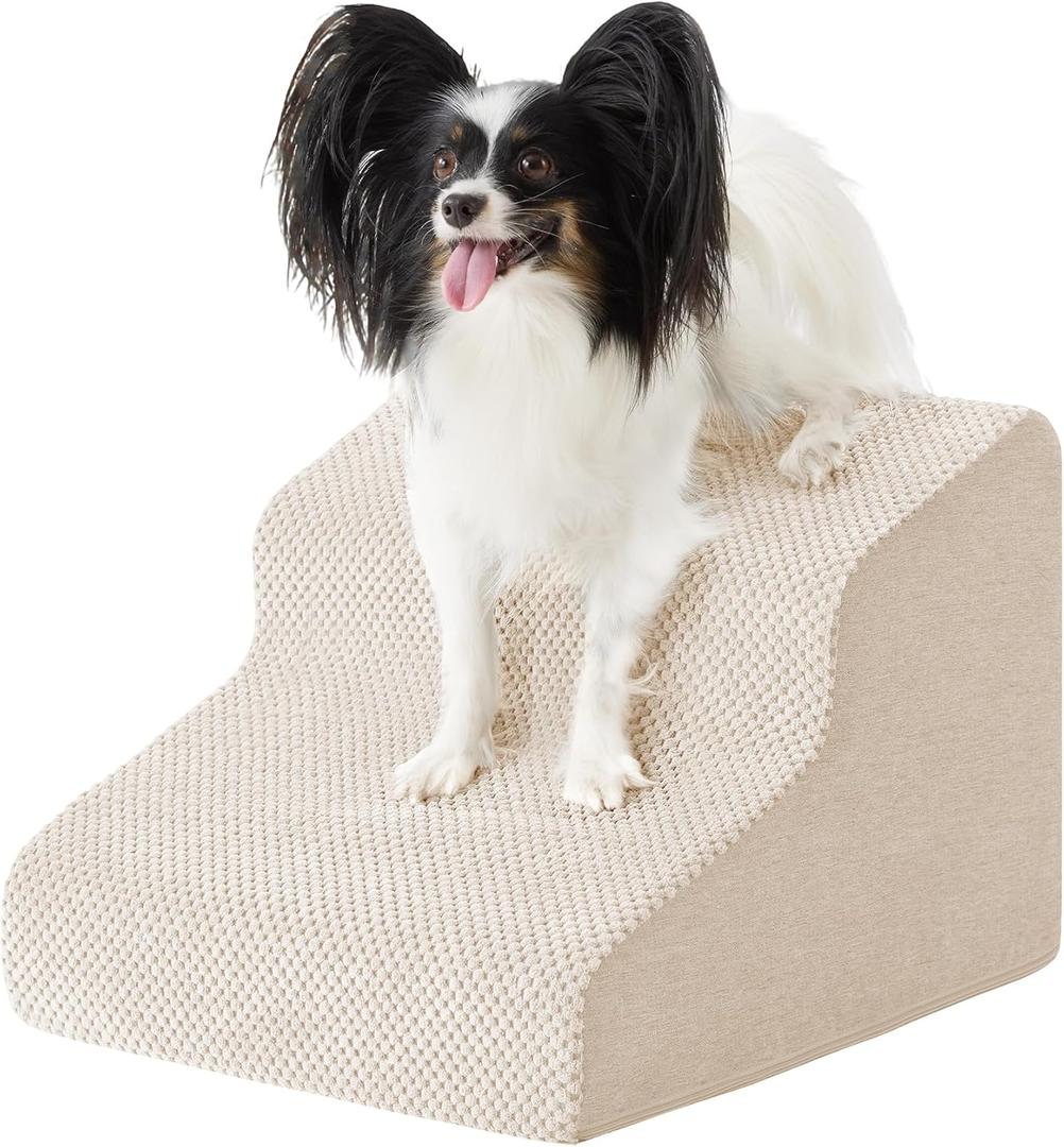 Dog Stairs for Small Dogs 11.5 H, 2-Step Dog Steps for Bed, Pet Stairs and Ramp for Dogs and Cats to Get on Beds, Couch, Non-Slip Balanced Pet Steps with Waterproof Cover, Beige