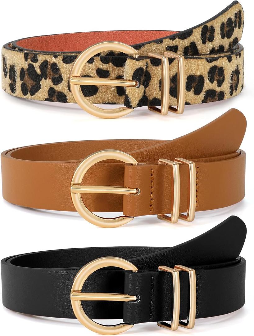 VONMELLI 3 Pack Women's Leather Belts for Jeans Dresses Ladies Waist Belt with Fashion Gold Buckle (XL: Fit Waist Size 43-46 Inches, D-black+brown+leopard)