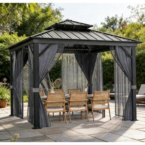 12'X12' Hardtop Gazebo, Outdoor Double Roof Galvanized Steel Gazebo, Aluminum Heavy-Duty Steel Top Canopy with Mosquito Net & Privacy Curtain for Patio, Porch, Garden, Lawn, Deck, Backyard,Gray