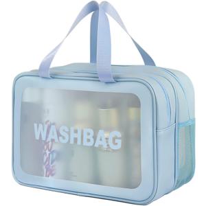 Travel Toiletry Bag for Women, Matte Translucent Toiletry Bag with Handy Handle, Makeup Cosmetic Organizer Bag for Travel Toiletries Accessories (Blue-XL)