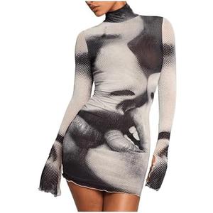 GORGLITTER Women's Mesh Long Sleeve Rave Festival Dress Y2K Fall Gothic High Neck Newspaper Going Out Club Mini Dresses S