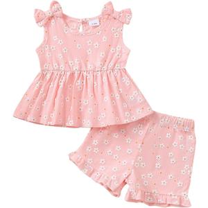 Kucnuzki Toddler Baby Girl Clothes Sleeveless Tank Tops Ruffle Halter Shirts Floral Shorts 2 Piece Set Summer Outfits (Pink, S)