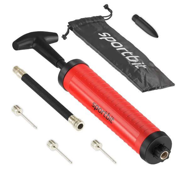 SPORTBIT Ballpump for Sports Balls - Basketball Pump for Sport Balls - Football & Soccer, Basketball, Volleyball Pump, Swim Inflatables - Hand Air Pump with 3 Needles, Nozzle, Extension Hose, Pouch 
