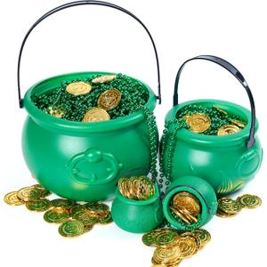 JOYIN 4PCS St.Patrick's Day Green Cauldrons with Handle Party Supplies Set with 1 Pcs Large, 1 Medium and 2 Small Plastic Lucky Leprechaun Pots for Saint Patricks Pot of Gold Party Decorations, 7.5*6 Inches