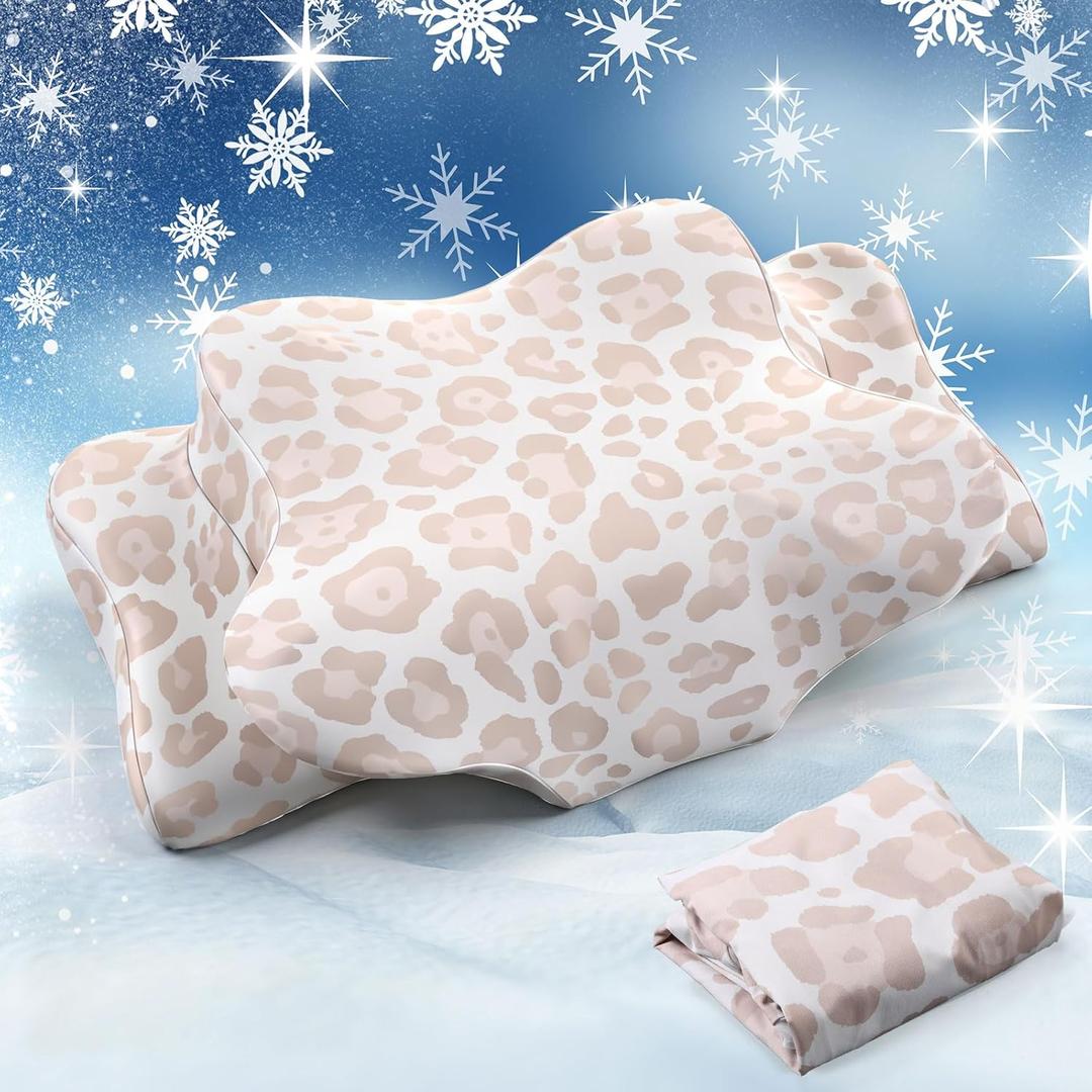 Hahafelt Cooling Cervical Neck Pillowcase Cover (Only Pillow Case) Ergonomic Pillowcase with Zipper Breathable Contour Pillow Cover for Side Back Stomach Sleepers(Leopard Print Color,Queen Size)