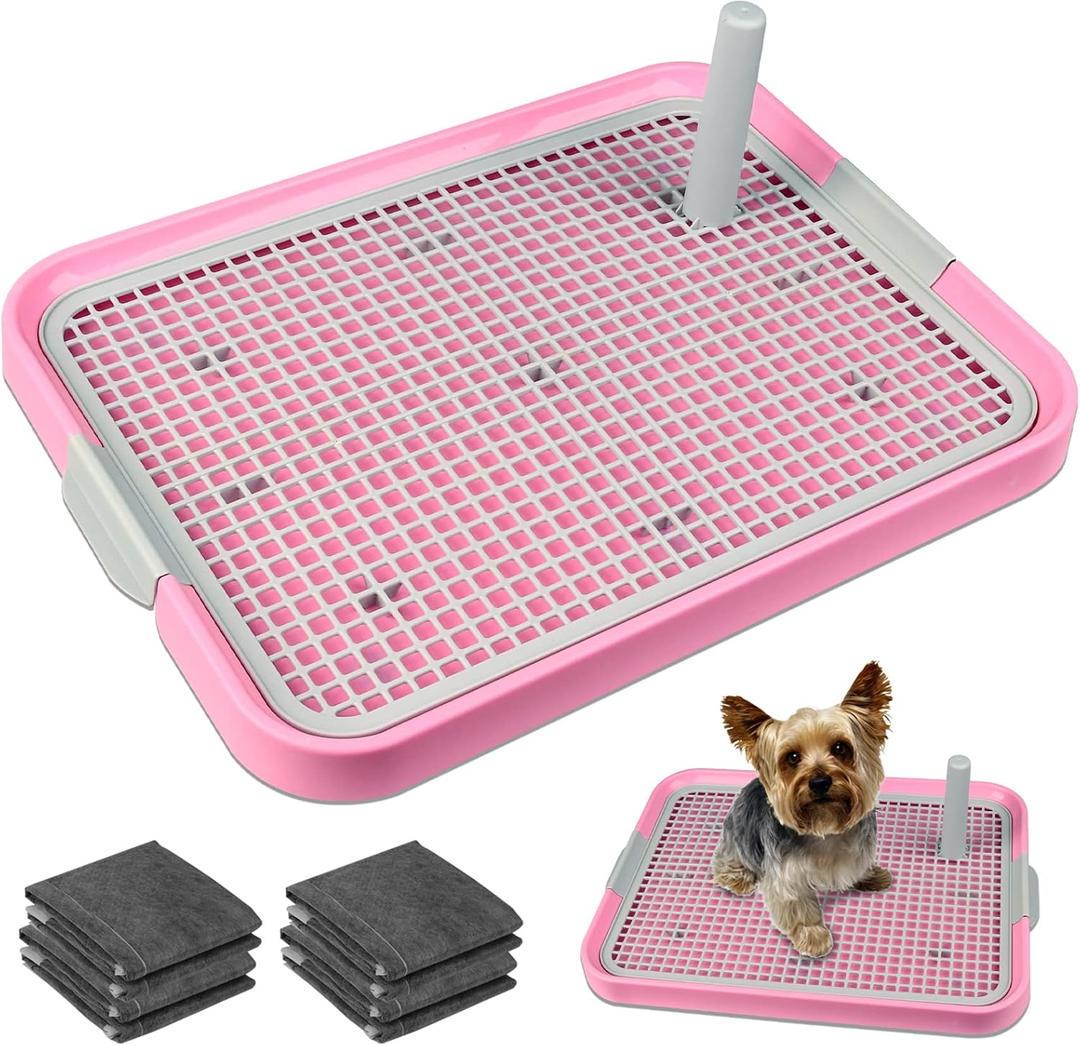 Dog Potty Tray Toilet 20"x14" Doggy Bathroom Dog Litter Box, Indoor Pee Pad Holder with 8pcs Training Pads, Puppy Pee Mesh Potty Training Tray with Secure Latch, Dog Potty Pan for Small Medium Puppies (Pink)