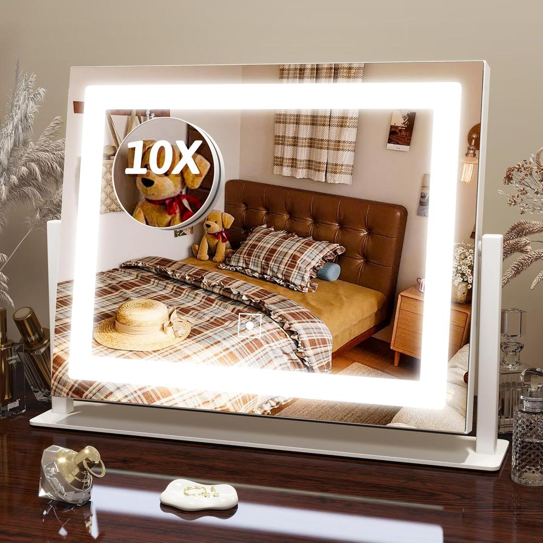 FENNIO Vanity Mirror with Lights, 12" x 16" Lighted Makeup Mirror with Smart Touch Control, 3 Color Modes & Brightness Adjustable, LED Makeup Mirror with 10X Magnification, 360 Rotation for Bedroom (White)