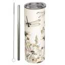 Dragonfly and Wildflower Stainless Steel Insulated Tumbler with Lid - 20oz Vintage Botanical Travel Mug, Reusable Metal Straw & Brush, Double-Wall Vacuum Bottle Cup for Hot and Cold Drinks, Gifts