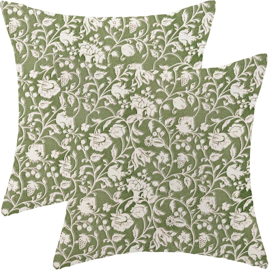 Block Print Pillow Covers 18x18 Set of 2 Vintage Sage Green Floral Throw Pillow Covers Rustic Boho Decorative Flowers Pillowcase Farmhouse Linen Cushion Cover for Home Sofa Couch Outdoor Decor