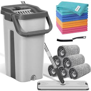 Mop Bucket Set with 12 Microfiber Cleaning Towels and a Cleaning Brush, Mops for Floor Cleaning, Cleaning Tools, Mob, mop and Bucket with Wringer Set for Home with 6 Washable Microfiber Pads