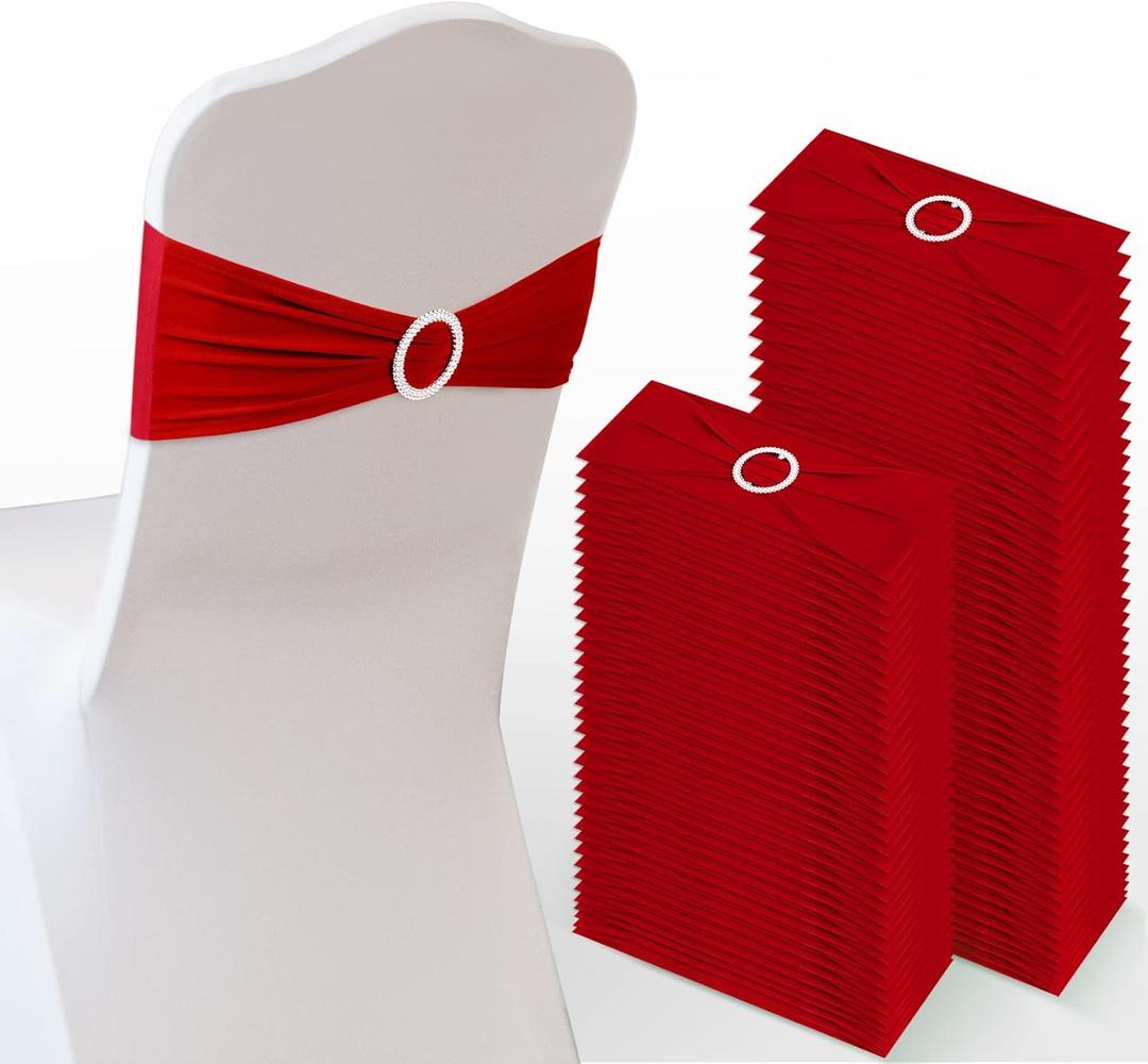 Tudomro 80 Pcs Spandex Chair Sashes, Stretch Ties Bows with Buckle Slider Elastic Bows Chair Cover Bands for Wedding Party Universal Reception Ceremony Banquet Decoration (Red)