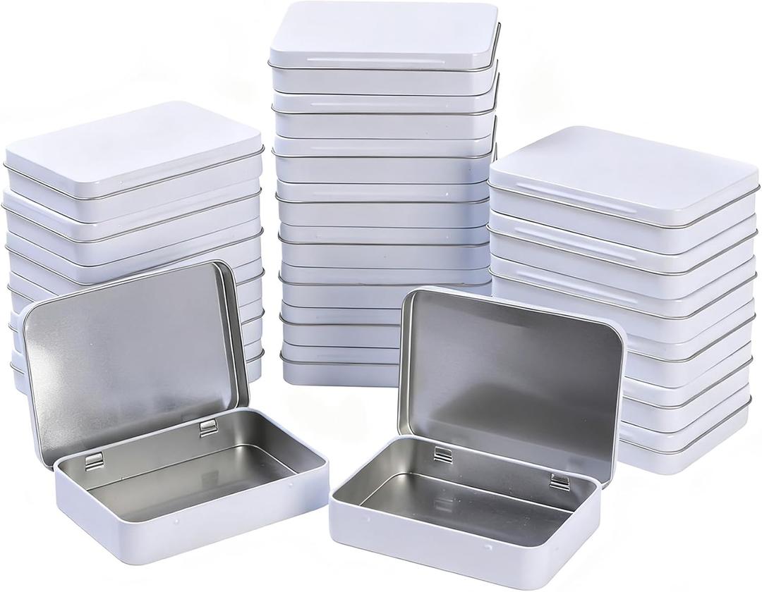 LJY 22 Pack Empty Rectangular Metal Storage Organizer Tins with Hinged Lids for Small Items and Other Craft Projects, 4.5 x 3.3 x 0.9 inch (White)