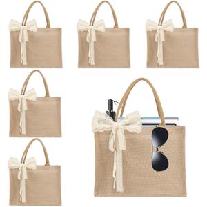 6pcs Burlap Tote Bag Set with Handles, Waterproof Reusable Blank Grocery Bags with Ribbon Large Jute Tote 15.35 * 6 * 12 Inch for Women Bridesmaid Gift Beach Pool Shopping Wedding Travel DIY