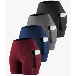 CHRLEISURE Womens Biker Yoga Shorts with Pockets: High Waisted Tummy Control Spandex Workout Athletic Gym Shorts 4 Packs Black/Gray/Navy /Burgundy L