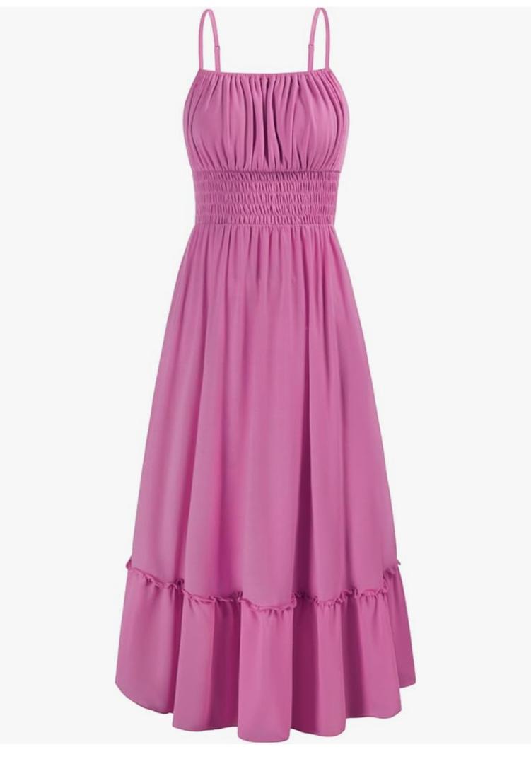 GRACE KARIN Womens 2025 Summer Dress Casual Sleeveless Spaghetti Strap Smocked Ruffle Beach Long Maxi Dress with Pockets S Pink