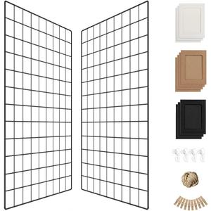 PAMANO Wall Photo Grid Shelf, Wall Hanging Ins Art Display Grid Panel for Decor & Storage, Metal Wire Notice & Memo Board, Mesh Tool Organiser Frame 2 Pcs (Black, 25.6 x 17.7 inches)