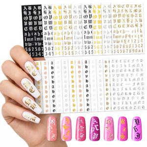 Maitys 24 Sheets Letters for Nails Old English Nail Stickers 3D Holographic Letter Self-Adhesive Gold Old English Alphabet Nail Decals for DIY Women(Classic Colors)