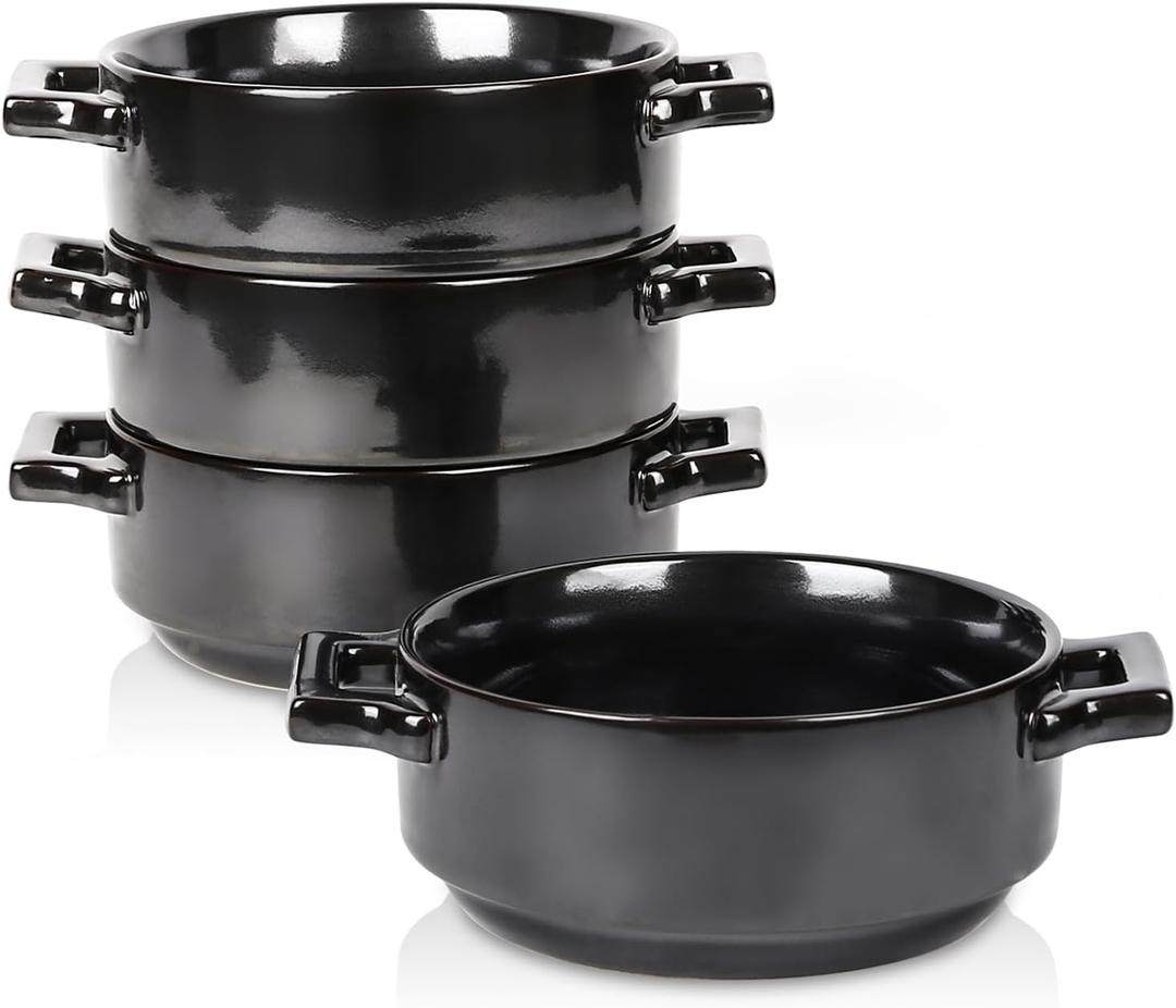 vicrays Ceramic Soup Bowls with Handles, 24 Oz Porcelain Soup Crocks for French Onion Soup, Cereal, Beef Stew, Chill, Pasta, Pot Pies, Microwave and Oven Safe, Set of 4 (Black)