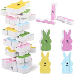 Thenshop Easter Wooden Blocks Stacking Game Tumbling Tower and Balance Games Bunny Table Decorations Wooden Stacking Game Indoor and Outdoor Play Bunny Stack Ideal Decor for Family Gathering
