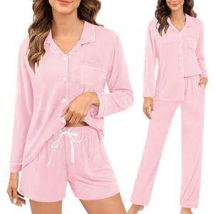 SWOMOG Womens 3pcs Button Down Pajamas Set Short Sleeve Sleepwear Bride Pj Lounge Set with Long Pants (XX-Large)