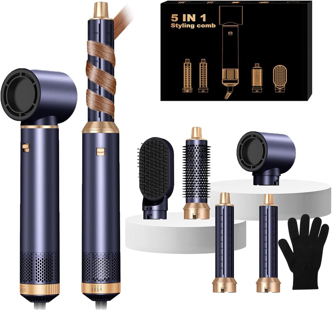 Blow Dryer Brush 5 in 1, Negative Ion Hair Dryer Brush Set Upgrade Hot Air Brush Air Styler Curling Wrap Air Curler, Curling Iron Hair Styling Tools As A Gift for Straight/Curl/Drying/Smoothing (Blue)