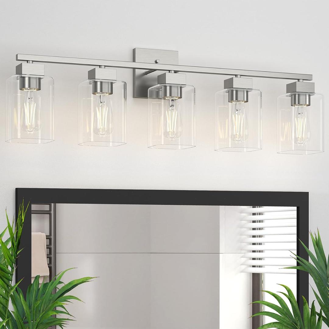 5 Light Bathroom Vanity Light - Brush Nickel Bathroom Light Fixtures Square Design & UL Certification, 31 Inch Long Light Fixtures Over Mirror for Bedroom & Restroom