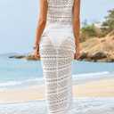 Fisoew Womens Crochet Cover Up 2 Piece Skirt Sets Sleeveless Crop Cardigan Tank Tops Swim Coverup Set White, S