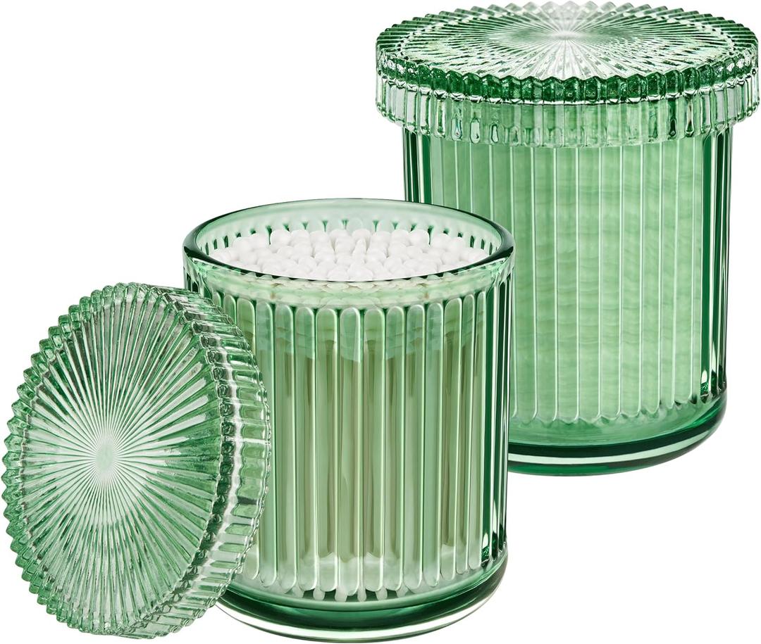 MKOSAB 2 Pack Qtip Holders for Bathroom, Clear Glass Apothecary Jars with Lids,Vintage Bathroom Canisters for Cotton Balls,Swabs,Floss Picks,Hair Ties,Vanity Organizer and Storage Decor (Green)