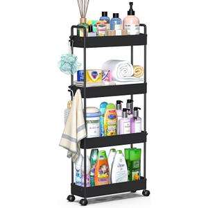 SOLEJAZZ Slim Rolling Storage Cart with Wheels 4 Tier Skinny Bathroom Storage Organizer Narrow Shelf Unit Thin Laundry Room Utility Cart for Bedside Kitchen Office Next to Fridge Small Places, Black