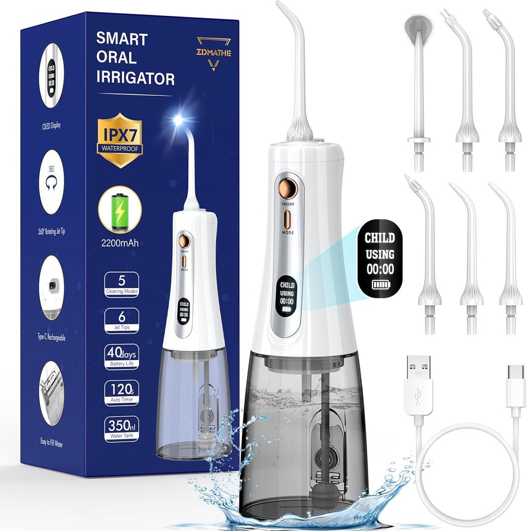 Water Flosser,350ML Water Dental Flosser for Teeth Clean, 5 Modes 6 Jet Tips, LCD Display Cordless Water Flosser, Rechargeable Travel Electric Water Flossers IPX7 Waterproof for Teeth Cleaning (Brilliant White)