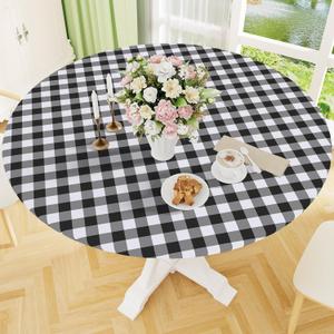 Smiry Round Picnic Tablecloth, Elastic Waterproof Fitted Vinyl Tablecloths for 45"-56" Tables, Flannel Backed Buffalo Plaid Table Cover for Dining, Camping, Outdoor, Black and White, For Up To 45-56 Round