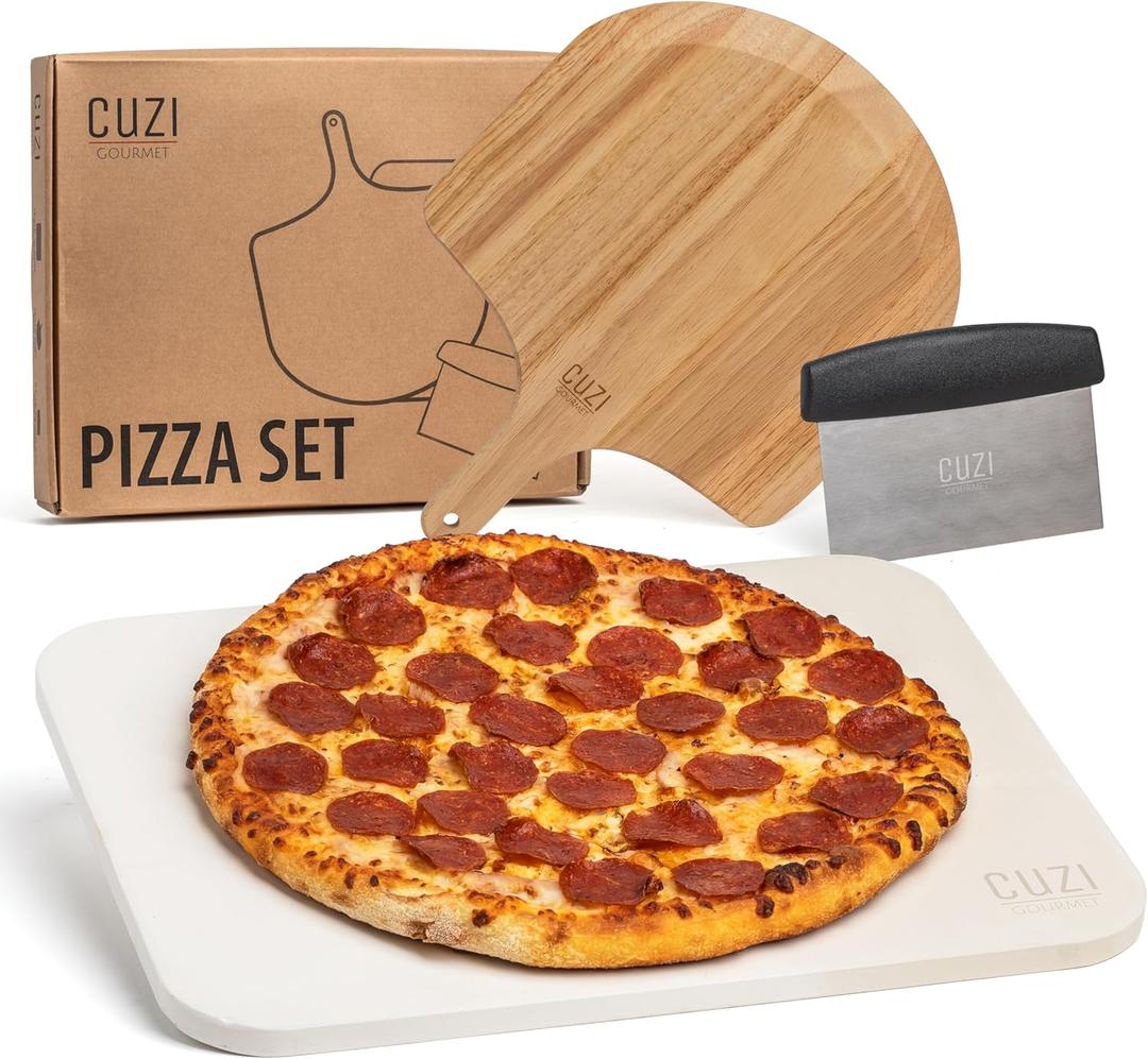 Cuzi Gourmet 3-Piece Pizza Stone Set - 15x12" Thermal Shock Resistant Cordierite Pizza Stone, 15x12" Natural Wood Pizza Peel & Pizza Cutter - Pizza Stone for Grill and Oven (Medium)