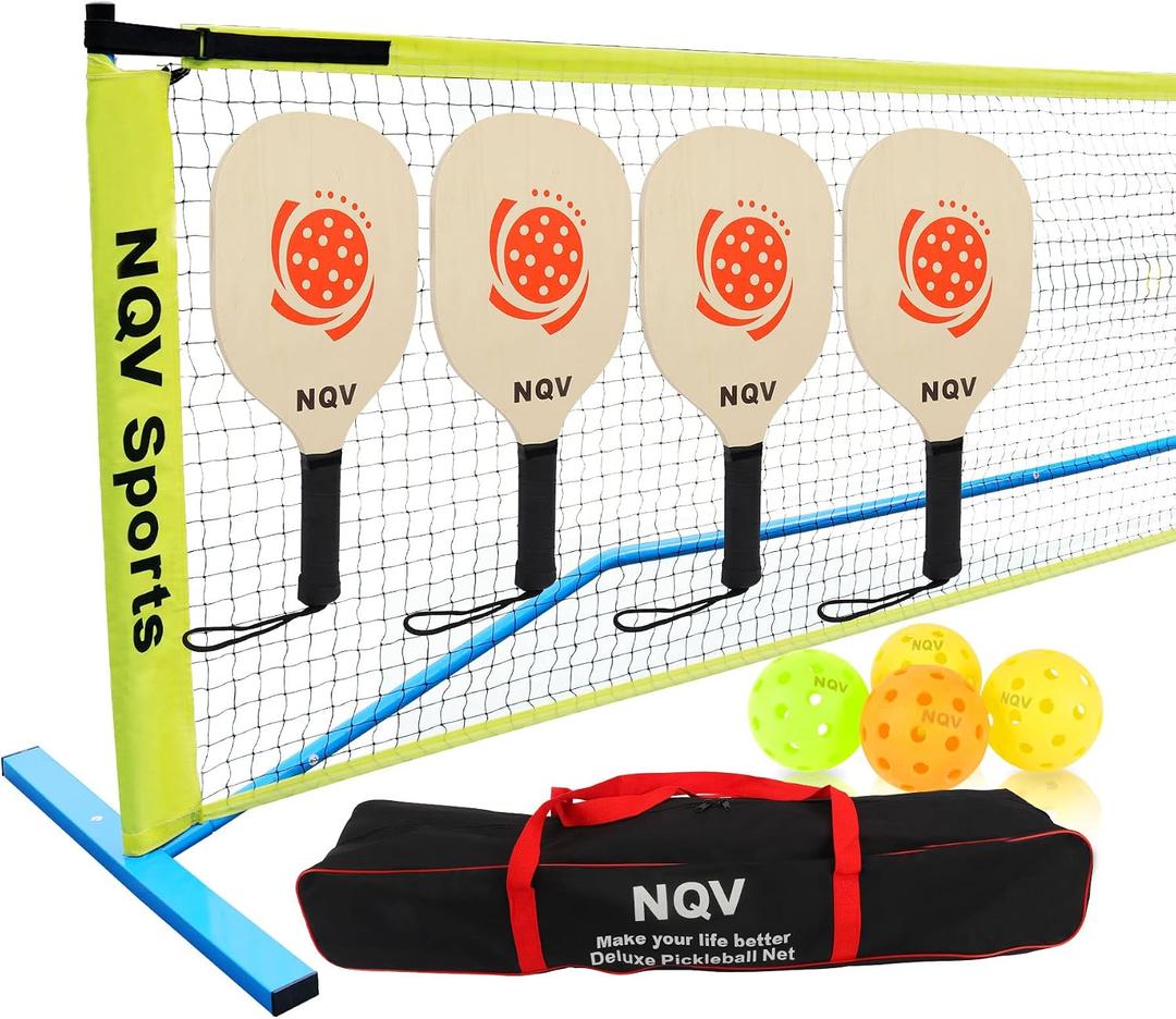 NQV Pickleball Net with 4 USAPA Approved Graphite Pickleball Paddles,Regualtion Size 22FT Pickle Ball Net, Outdoor Pickleballs, Carry Bag, Grip Tape,Weather Resistant Metal Frame