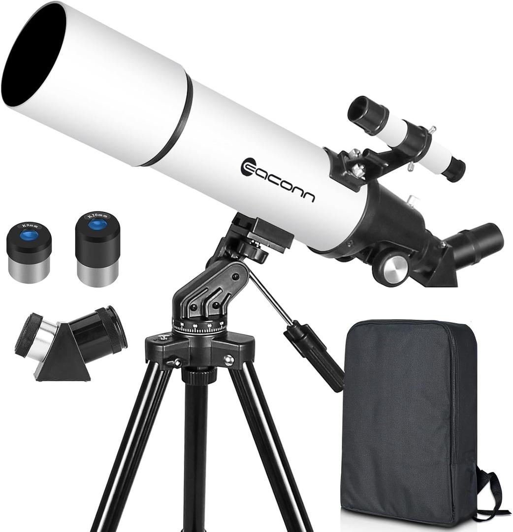 Telescopes for Adults Astronomy, 80mm Aperture 600mm Refractor Telescope for Kids & Beginners, Compact and Portable Travel Telescopio with Backpack (White)