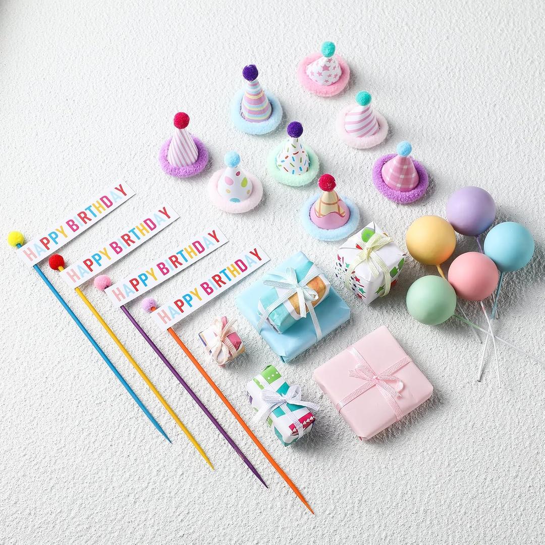 Weysat 22 Pcs Animal Birthday Party Decorations Animal Cake Cupcake Toppers with Mini Hats Miniature Flags Gift Boxes Balls for Jungle Safari Dollhouse Themed Birthday Party Favor Supplies, No Animals