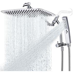 G-Promise All Metal 14 Inch Shower Head with Massage Mode Handheld, Rain Shower Head with Handheld Spray Combo, 3-Way Diverter with Pause Setting, 12 Inch Adjustable Extension Arm (Chrome)
