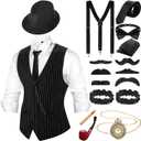 Neer 1920s Men Costume Accessories Outfit with Gangster Vest Hat Vintage Pocket Watch Bow Tie Suspenders Accessories (X-Large, Black White Stripe)