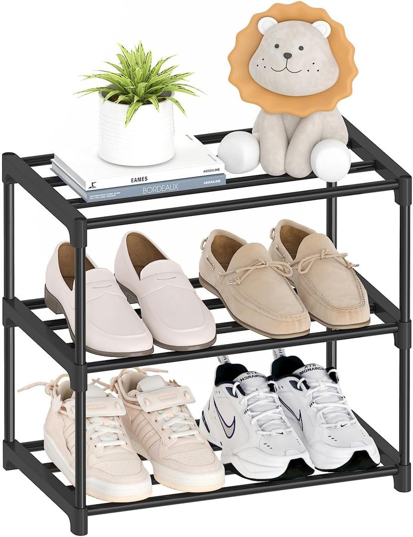 Autonomier 3 Tier Extra Small Shoe Rack (16.3" Wide), Narrow Stackable Shoe Shelf for Kids Toddler Adult, Lightweight Shoe Rack Stand for Closet Dorm Storage Organizer, Front Door Entrance, Entryway