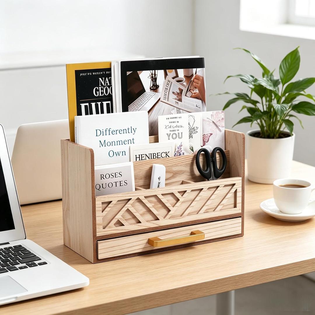Wood Mail Organizer Countertop with Drawers, Desk Organizer for Office Supplies, Paper, Letter, Envelope, Bill