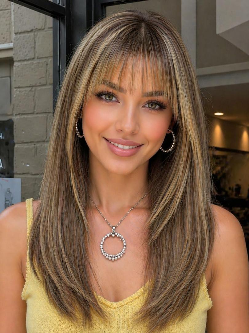 AISI HAIR Beginner Friendly Wigs Brown Highlight Wig with Bangs for Women, Middle Length NaturalLayered Straight Wig for Daily Party