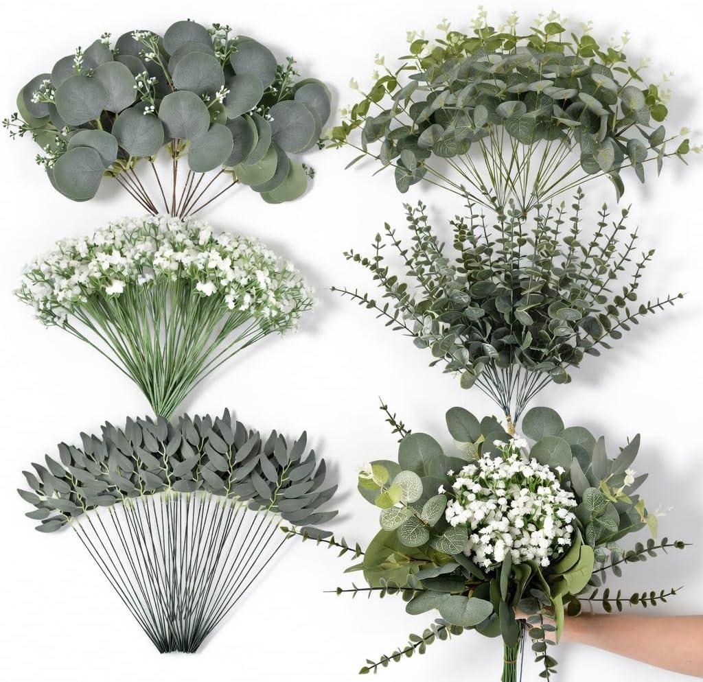 140 Pcs Mixed Eucalyptus Stems, 5 Kinds Artificial Greenery Stems Bulk, Fake Silver Dollar Eucalyptus Leaves Artificial Plants for Wedding Decor Vase Centerpieces DIY Bouquet Home
