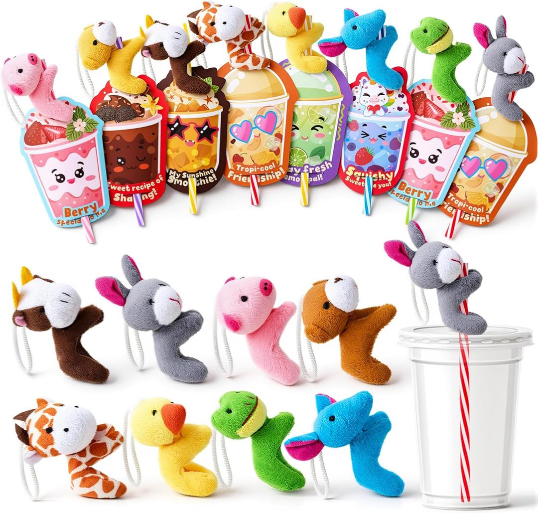 JOYIN 24 Pcs Valentine's Day Gifts Plush Toy & Straws with Cards, Mini Plush Finger Puppets to Hold Straw & Drink Themed Cards, Valentines Day Card for Kids School Classroom Exchange Prizes