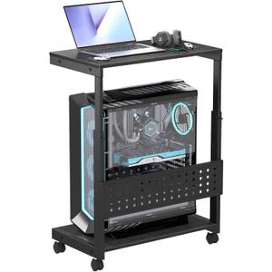 Computer Tower Stand/PC Tower Stand with Wheels, Dual Tier & 5-Level Adjustable CPU Holder Cart (23.2-33.5") Under Desk Floor PC Stand for Gaming & Home Office [Black]