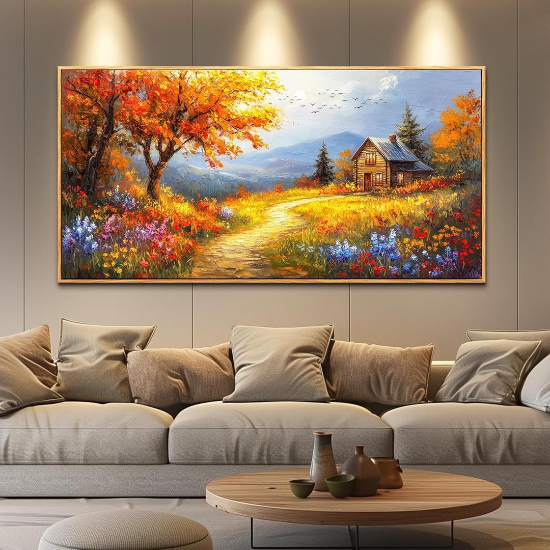 FUHAIHUA Large Wood Framed Wall Decor For Living Room Canvas Wall Art For Office Modern Wall Decorations For Bedroom Reddish Orange Tree Painting Farmhouse Pictures Artwork Room Home Decor 24x48 In