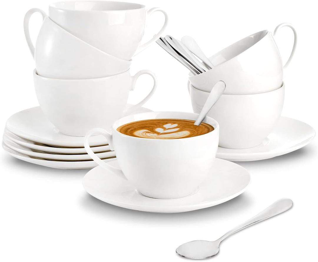 Foraineam Espresso Cups with Saucers and Spoons, 6 oz White Tea Cup Set, Porcelain Coffee Cup and Saucer Set with Stainless Steel Spoon for Specialty Coffee Drinks, Latte, Cafe Mocha and Tea, Set of 6