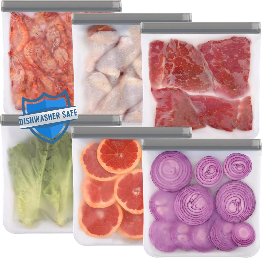 Lerine 6 Pack Reusable Gallon Freezer Bags Dishwasher Safe, BPA Free Reusable 1 Gallon Bags Silicone, Leakproof Food Storage Bags for Marinate Meats, Cereal, Vegetables, Home Organization (Gray)