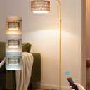 EDISHINE Rattan Floor Lamp for Living Room with Remote & Dimmable LED Bulb,63'' Mid Century Rattan Fabric Shade Standing Lamp with 5 Color Temperature, Farmhouse Boho Standing Lamp for Bedroom Office