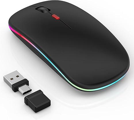 Gizdot Wireless Mouse for Laptop/MacBook Air/Pro & iPad, Mouse Jiggler Mode Bluetooth 5.2/2.4G Rechargeable Silent Click 3Level DPI Slim Portable USBA&C Receiver (Mouse Jiggler Mode, Black)