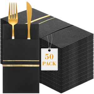 Roshtia 50 Pack Dinner Napkins Disposable Linen Feel Dinner Napkins with Built-in Flatware Pocket Gold Trim Lined Pre Folded Paper for Wedding Party (Black,Gold)